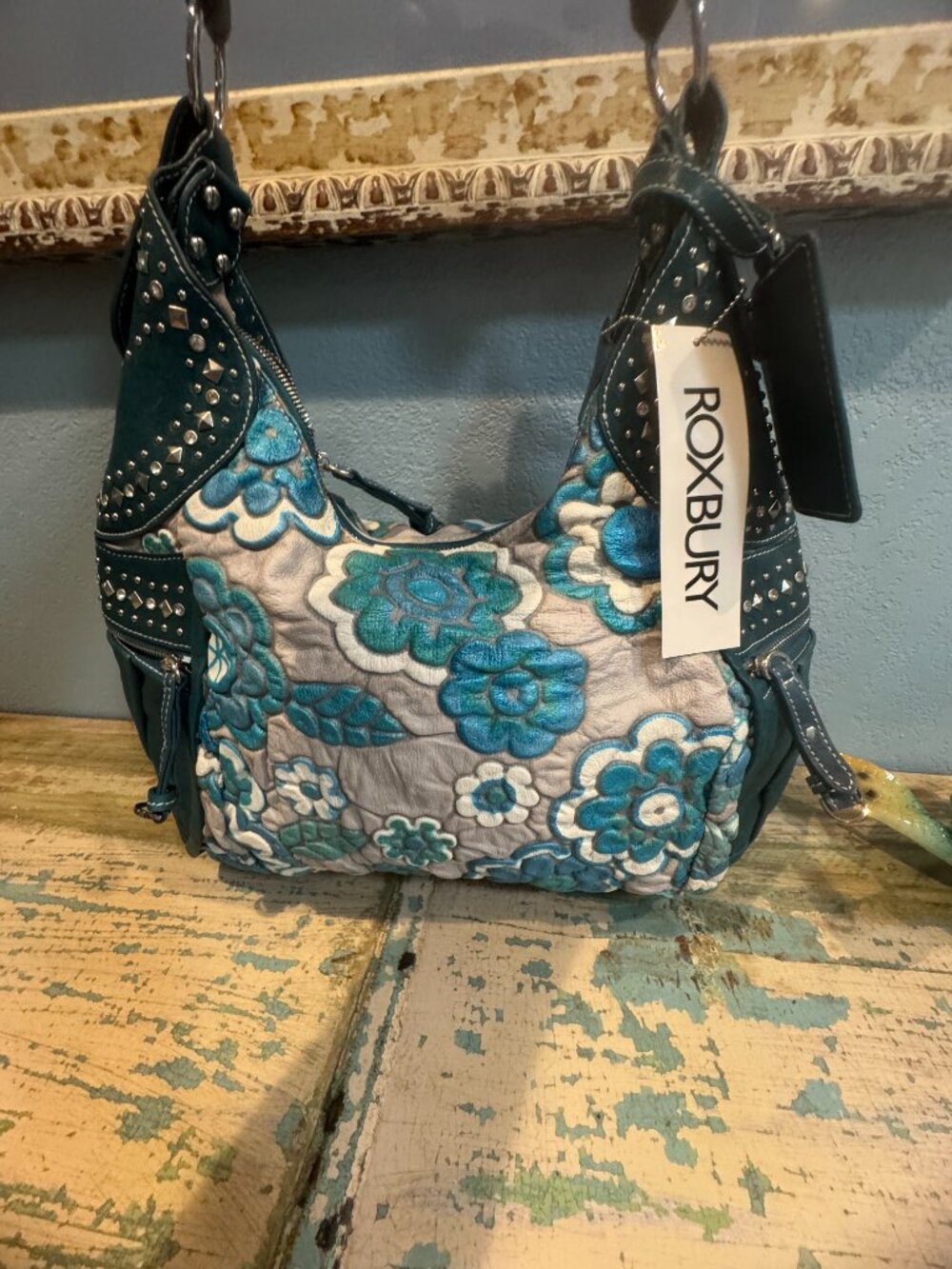 NWT ROXBURY QUILTED FLORAL FLOWER RHINESTONE STUD HOBO BAG